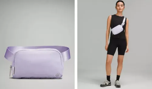 Two views of the lululemon Everywhere Belt Bag Extended Strap in the color Lavender Fog